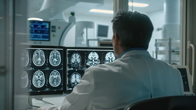 Radiologist at dual monitor workstation reading CT head