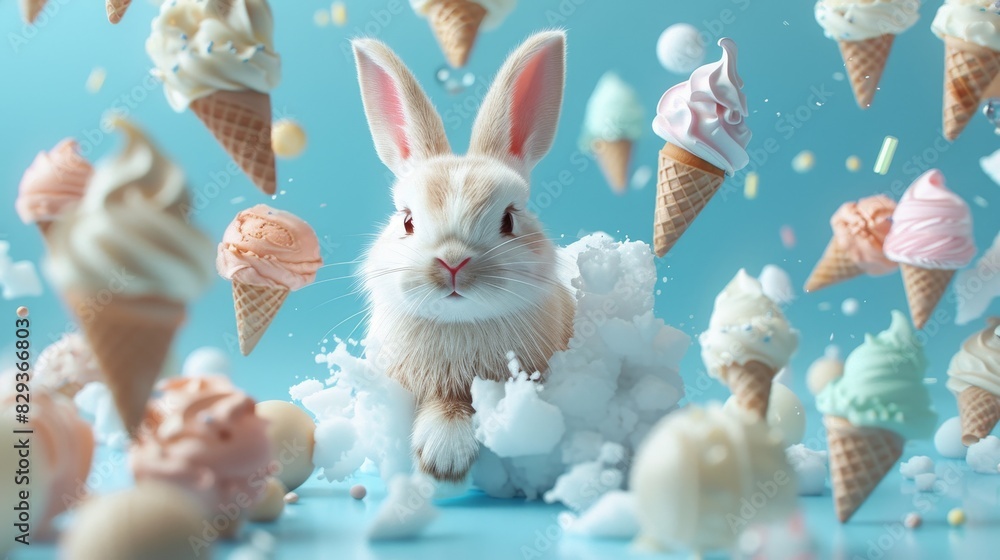 Poster a whimsical scene unfolds with a levitating rabbit encircled by floating sushi against a soft pastel