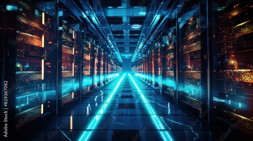 Poster a futuristic data center with rows of glowing servers and intricate network cables.