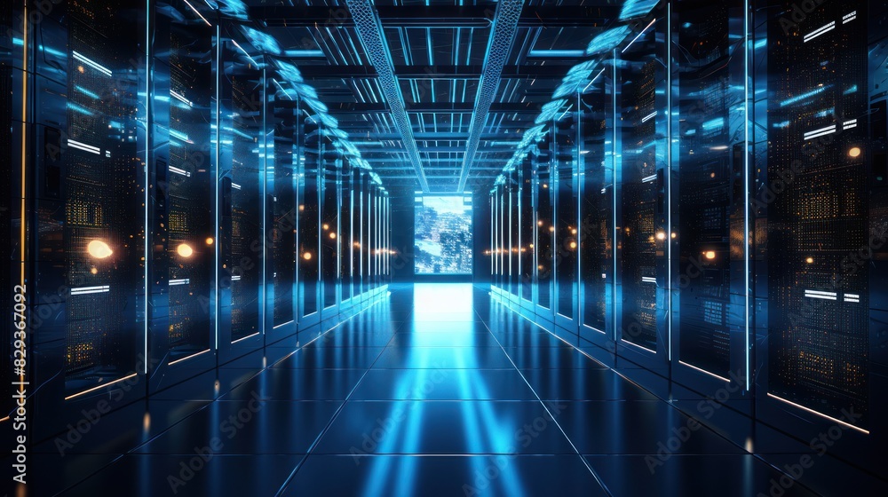 Poster a futuristic data center with rows of glowing servers and intricate network cables.