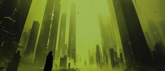 Alien architecture, stood tall in a deserted city, illuminated by a pale, sickly yellow light, with futuristic buildings with blurry background, scifi photo, Sharpen banner