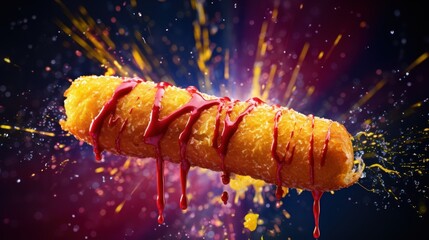 a freshly made corn dog, still steaming from the fryer, 