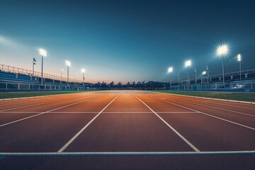 An empty running track in a stadium, illuminated by bright lights against a clear evening sky