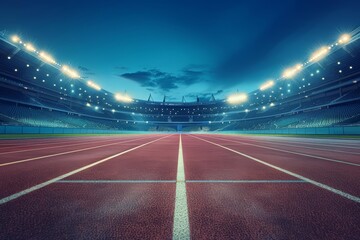 An empty running track in a stadium, illuminated by bright lights against a clear evening sky