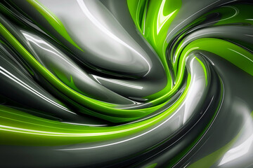 Modern stage design with fresh neon green swirls and glossy grey accents.