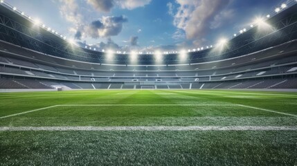 An empty soccer field inside a modern stadium under a cloudy sky, with bright stadium lights