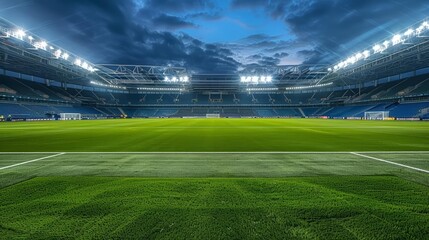 An empty soccer field inside a modern stadium under a cloudy sky, with bright stadium lights