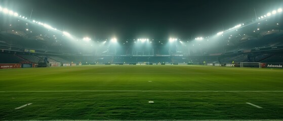 An empty soccer stadium viewed from the center of the field at night, with bright stadium lights Closeup