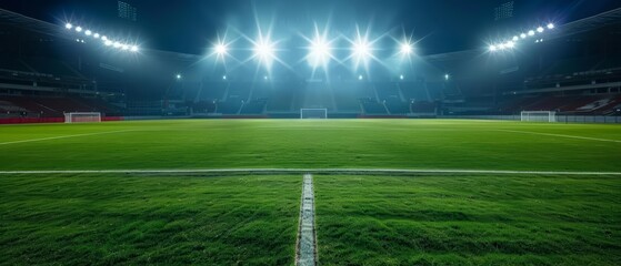 An empty soccer stadium viewed from the center of the field at night, with bright stadium lights Closeup