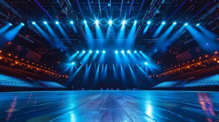 An empty sports arena with bright blue stage lights shining down on the floor