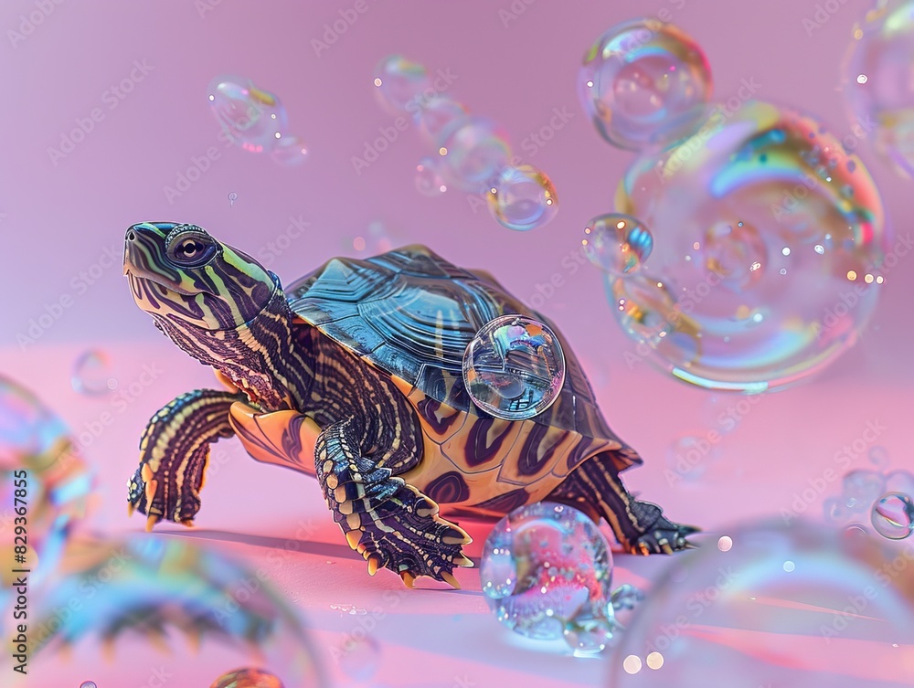 Poster a whimsical scene unfolds with a turtle floating amidst ice cream cones on a soft pastel backdrop