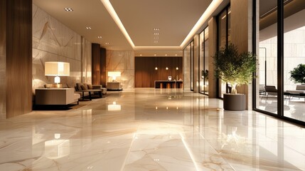 Expansive marble floors reflecting soft ambient lighting