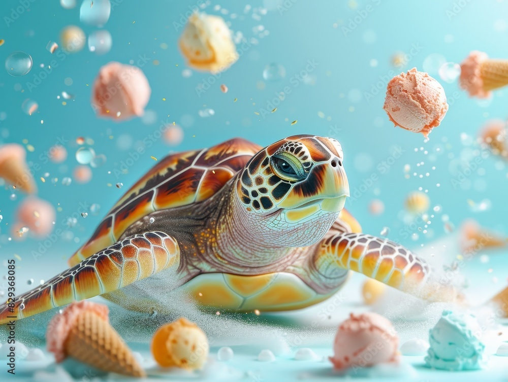 Poster a whimsical scene unfolds with a turtle floating amidst ice cream cones on a soft pastel backdrop
