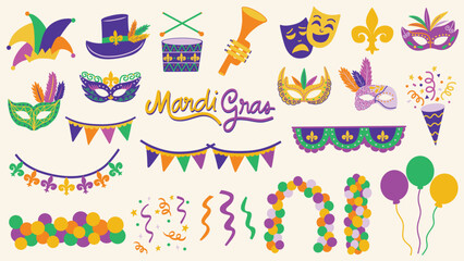 Mardi Gras festival elements set. Balloons, banners, buntings, confetti, fleur de lis, jester hat, masquerade masks. Hand drawn vector illustrations.
