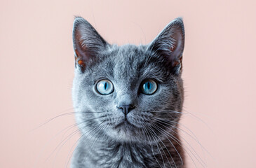 Obraz premium Portrait of fluffy white cat on pink background close-up,