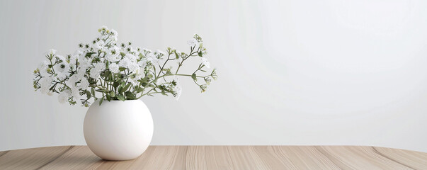 Minimalist white ceramic vase with fresh flowers on a sleek wooden dining table, adding a touch of nature and simplicity
