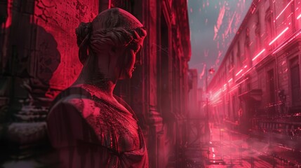 Cracked statues, lined the empty streets, covered in a haunting red glow, in an ancient metropolis with blurry background, scifi photo, Sharpen banner