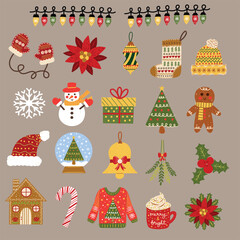 Christmas doodles set featuring Christmas lights, Christmas tree, gingerbread house, gingerbread man, snowflake, snowman, ugly sweater and more. Hand drawn vector illustrations.