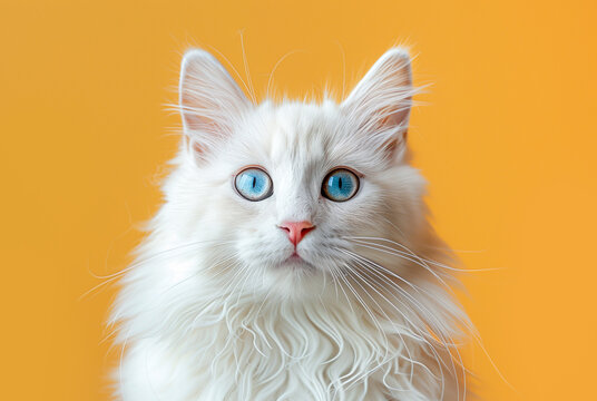 Portrait of fluffy white cat on yellow background close-up,