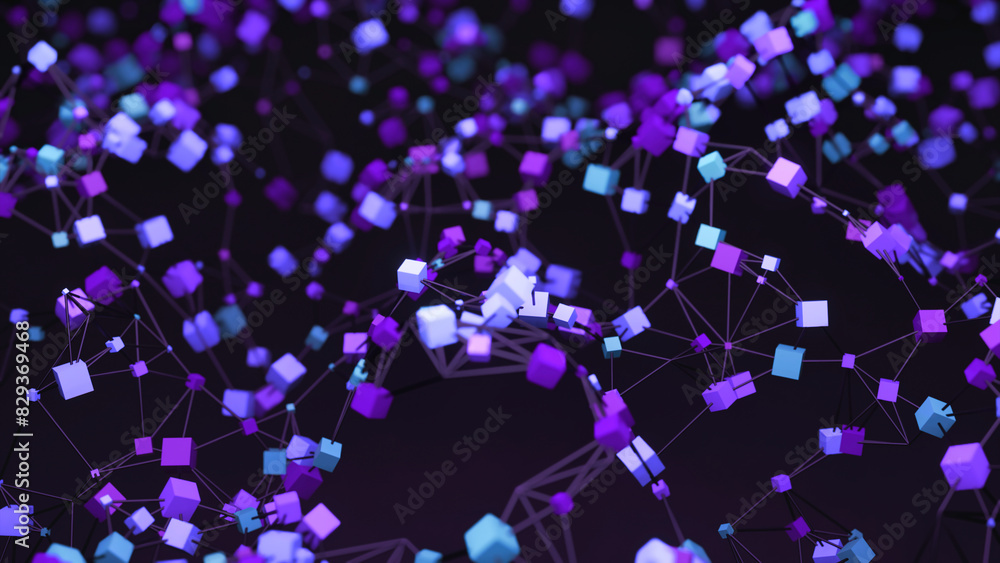 Poster colorful 3d cubes with network move in space. design. connecting chains with 3d cubes in space. cube