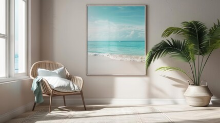 Frame mockup featuring a serene beach scene, transforming the room into a tranquil coastal retreat