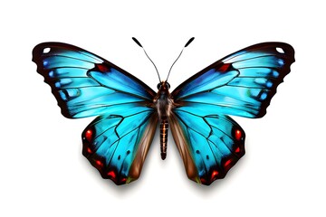 A blue butterfly with red spots on its wings, resting on a green leaf in a garden.