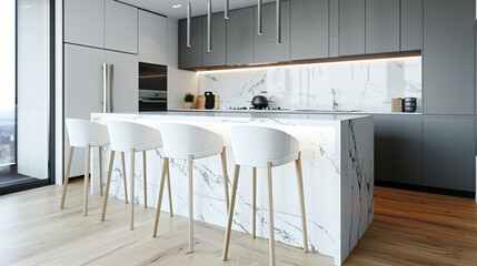 Minimalist white wooden bar stools in a modern kitchen with a marble island and sleek appliances, creating a clean and stylish look