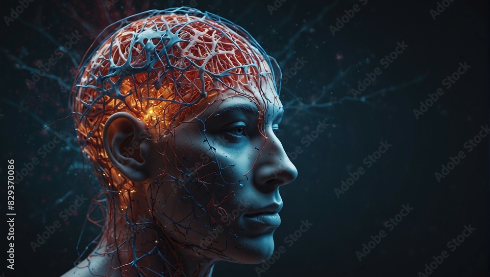 Poster futuristic visualization of human brain with glowing neural network in profile view
