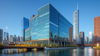 Naklejka premium Sleek High Rise Corporate Building With Curved Glass in Bustling Cityscape