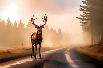  "Majestic deer on misty road."