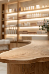 A wooden reception desk in the foreground with a blurred background of a high-end spa. The background features elegant decor, comfortable seating, shelves with beauty products, and calming  ambient