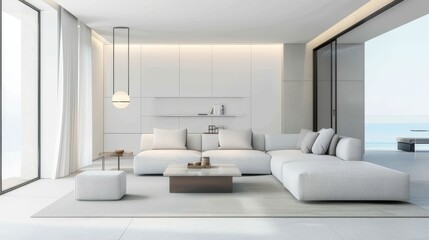 A minimalist interior design of a modern living room with sleek furniture and a calming color palette, ideal for home decor themes