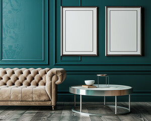 Modern room with two frames on a dark teal wall, beige velvet sofa, and minimalist metal table.