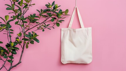 A white canvas tote bag surrounded by flowers, set against a peach fuzz pastel background, highlighting a fresh and floral aesthetic. Mockup trendy concept