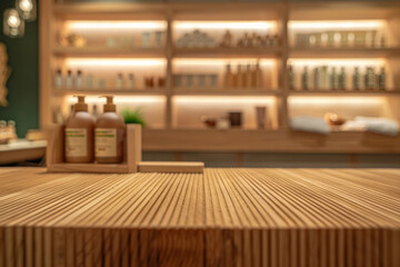 A wooden reception desk in the foreground with a blurred background of a high-end spa. The background features elegant decor, comfortable seating, shelves with beauty products, and calming  ambient