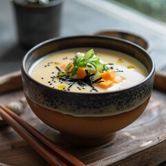 An Image  of Traditional Japanese Cuisine Delight that chawanmushi, ideal for culinary publications, recipe cards, restaurant promotions, and food photography portfolios