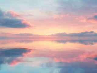 Sunset sky in the morning with sunrise and soft pink clouds with yellow tones, reflecting over a calm body of water, creating a mirror image and adding depth to the tranquil scene