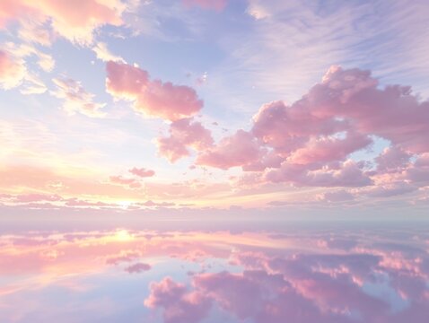 Sunset sky in the morning with sunrise and soft pink clouds with yellow tones, reflecting over a calm body of water, creating a mirror image and adding depth to the tranquil scene