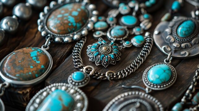 A collection of handmade jewelry featuring turquoise stones and silver accents a nod to the traditional jewelry of the Southwest.