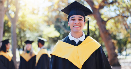 Happy man, portrait and student with graduation hat in nature for outdoor ceremony, scholarship or...