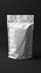 A white stand-up pouch bag with a resealable ziplock top, set against a black background, ideal for product packaging and storage.