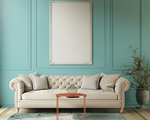 Single large frame, dusty aqua wall, cream modular sofa, vintage copper table; high-resolution 3D.
