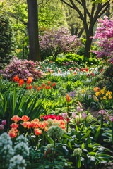 A vibrant spring garden in full bloom with a variety of flowers and lush greenery, capturing the beauty of nature