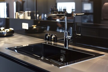 Modern Kitchen Sink Design with Sleek Black Finish.Details of the interior of the kitchen in the house. Stylish metallic crane at the kitchen. Sink faucet at the kitchen. Metal crane in close-up photo