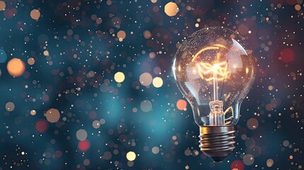 Illustration of illuminated inspiration, Light bulb symbolizes the birth of an idea with copy space backgrounds and gold bokeh glitters