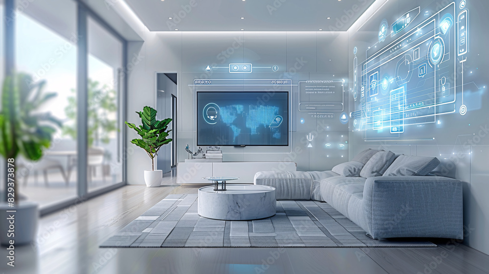 Poster a futuristic smart home interior featuring ai-augmented reality interfaces, with holographic display