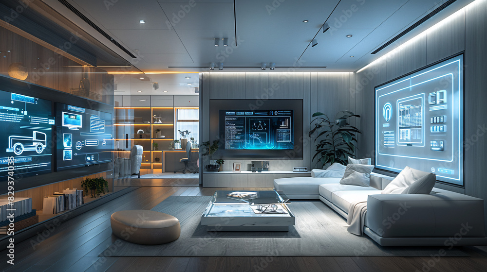 Poster a futuristic smart home interior featuring ai-augmented reality interfaces, with holographic display