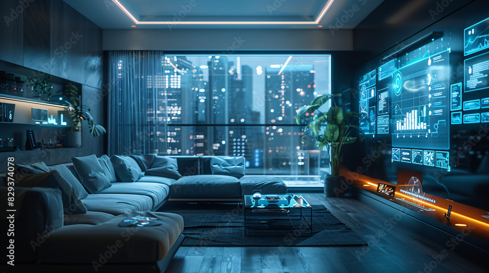 Poster a futuristic smart home interior featuring ai-augmented reality interfaces, with holographic display