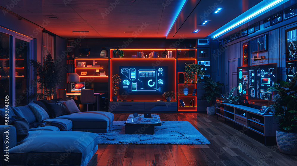 Poster a futuristic smart home interior featuring ai-augmented reality interfaces, with holographic display