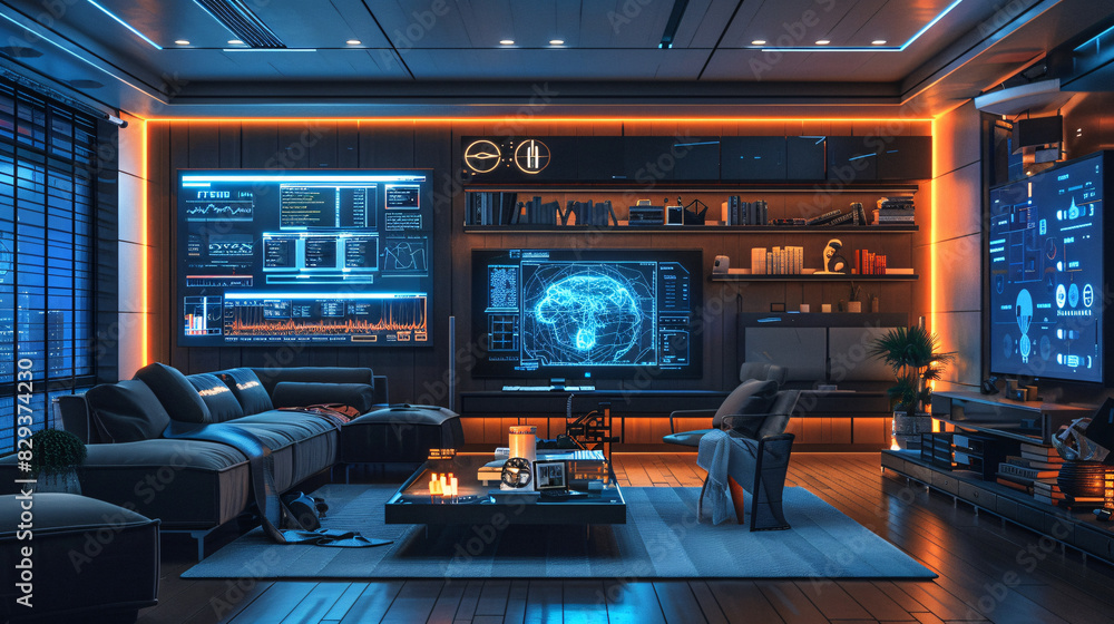 Poster a futuristic smart home interior featuring ai-augmented reality interfaces, with holographic display